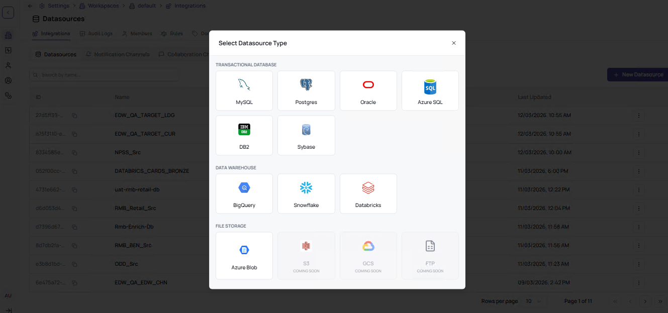 Datachecks datasource setup dialog showing supported transactional, warehouse, and storage connectors.